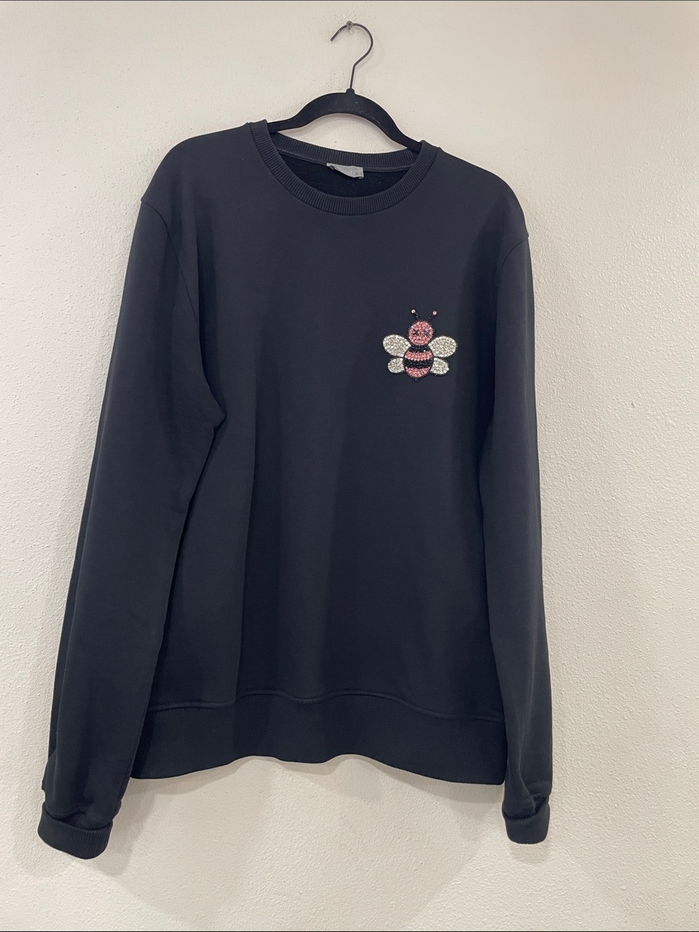 Dior Black Crewneck Sweater with Pink and Silver Bee Patch